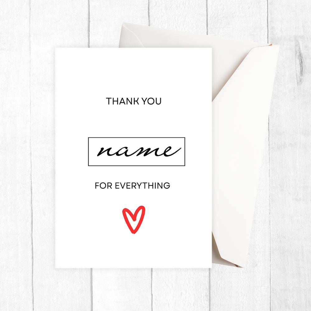 Greeting card with 'Thank you name for everything' text on a white background. Aleesa Thank You Personalised Card