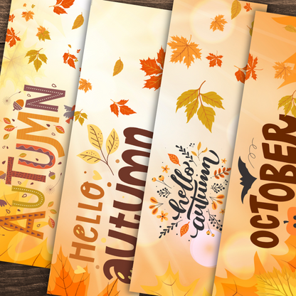 Five autumn-themed bookmarks with colorful leaves and text on a wooden surface.