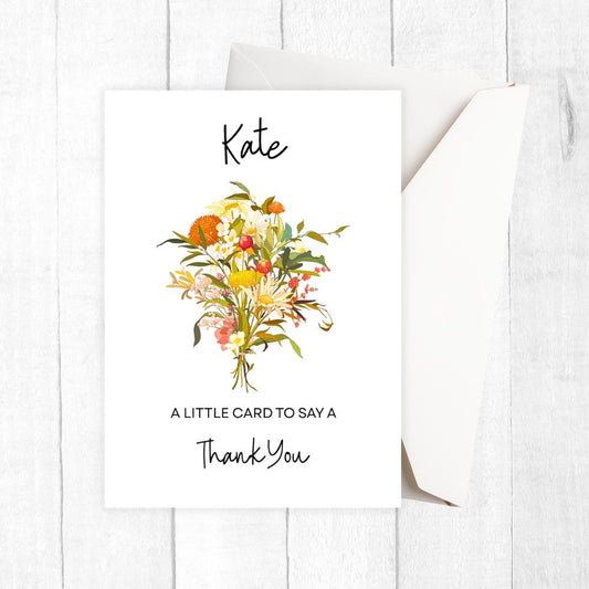 Floral card with 'Kate' and 'A little card to say a Thank You' text on a white background. Autumn Flowers Thank You Personalised Card
