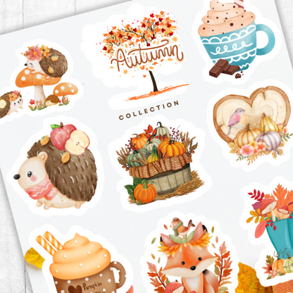 Autumn-themed stickers with pumpkins, hedgehogs, and mugs on a white background.Autumn fall stickers mug pumpkin