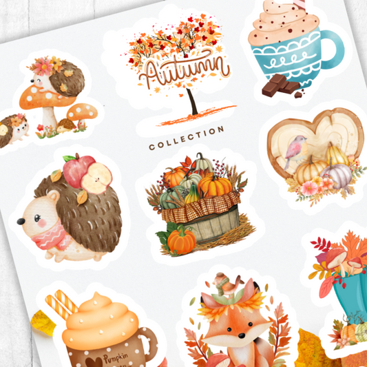 Autumn-themed stickers with pumpkins, hedgehogs, and mugs on a white background.Autumn fall stickers mug pumpkin