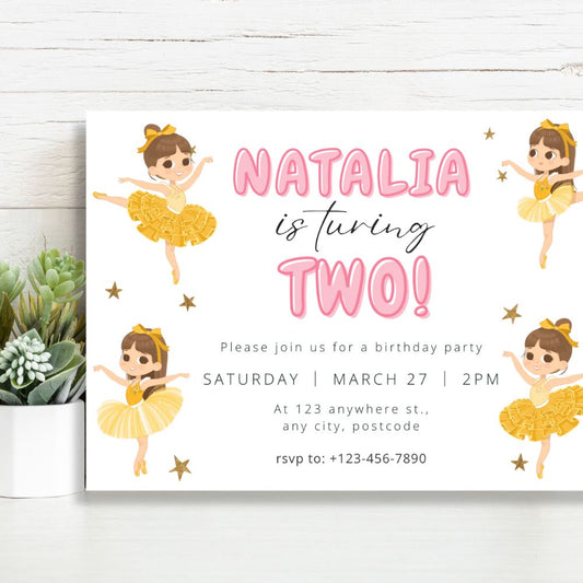 Birthday invitation card with ballerina design on a white background. BALLERINA I PERSONALISED BIRTHDAY INVITATIONS
