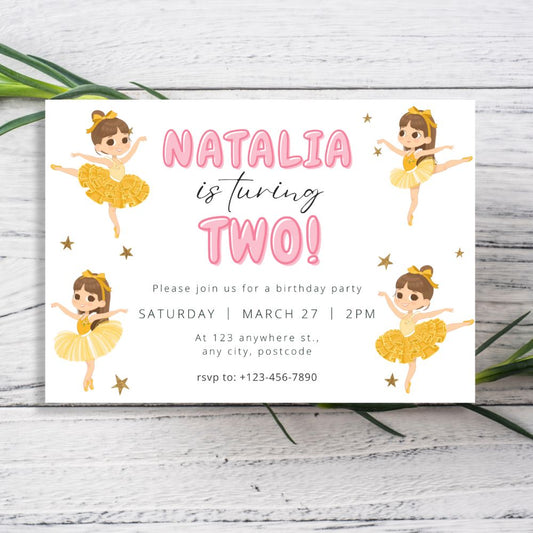 Birthday invitation card with a ballerina design on a wooden surface. BALLERINA I PERSONALISED BIRTHDAY INVITATIONS