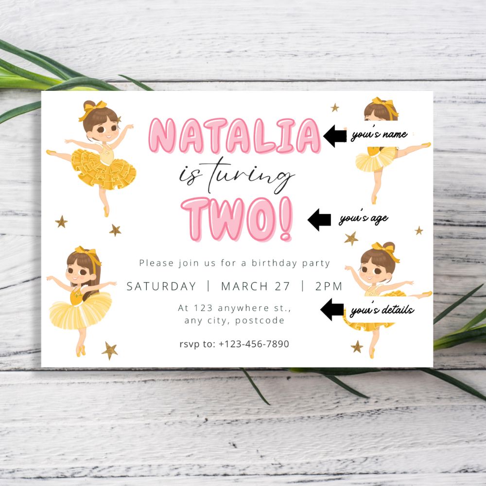 Birthday invitation card with a ballerina design on a wooden surface. BALLERINA I PERSONALISED BIRTHDAY INVITATIONS