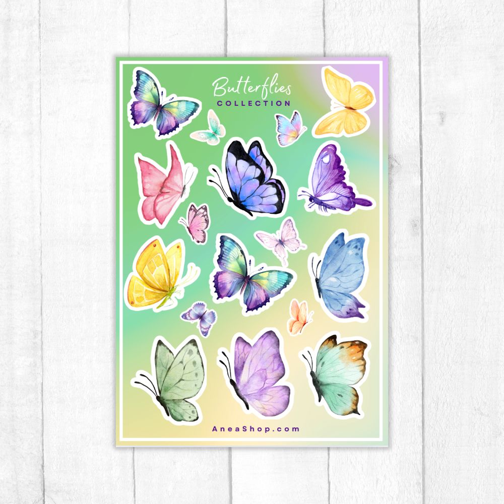 Sheet of colorful butterfly stickers on a gradient background with 'Butterflies Collection' text. BUTTERFLIES STICKER