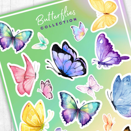 Collection of colorful butterfly stickers on a green background with 'Butterflies Collection' text. BUTTERFLIES STICKER SHEET
