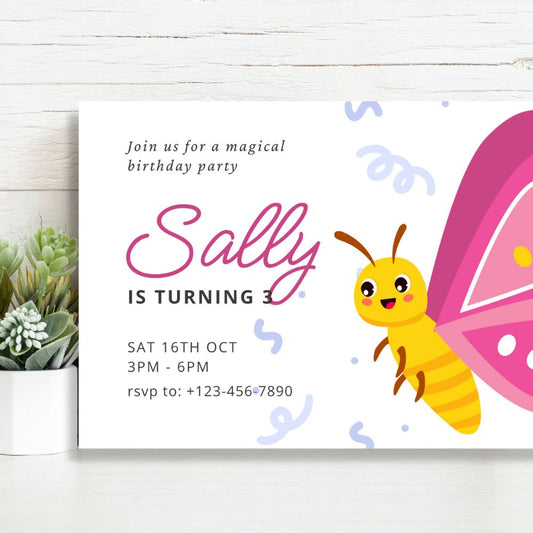 Birthday party invitation with a butterfly character on a white background. BUTTERFLY PERSONALISED BIRTHDAY INVITATIONS