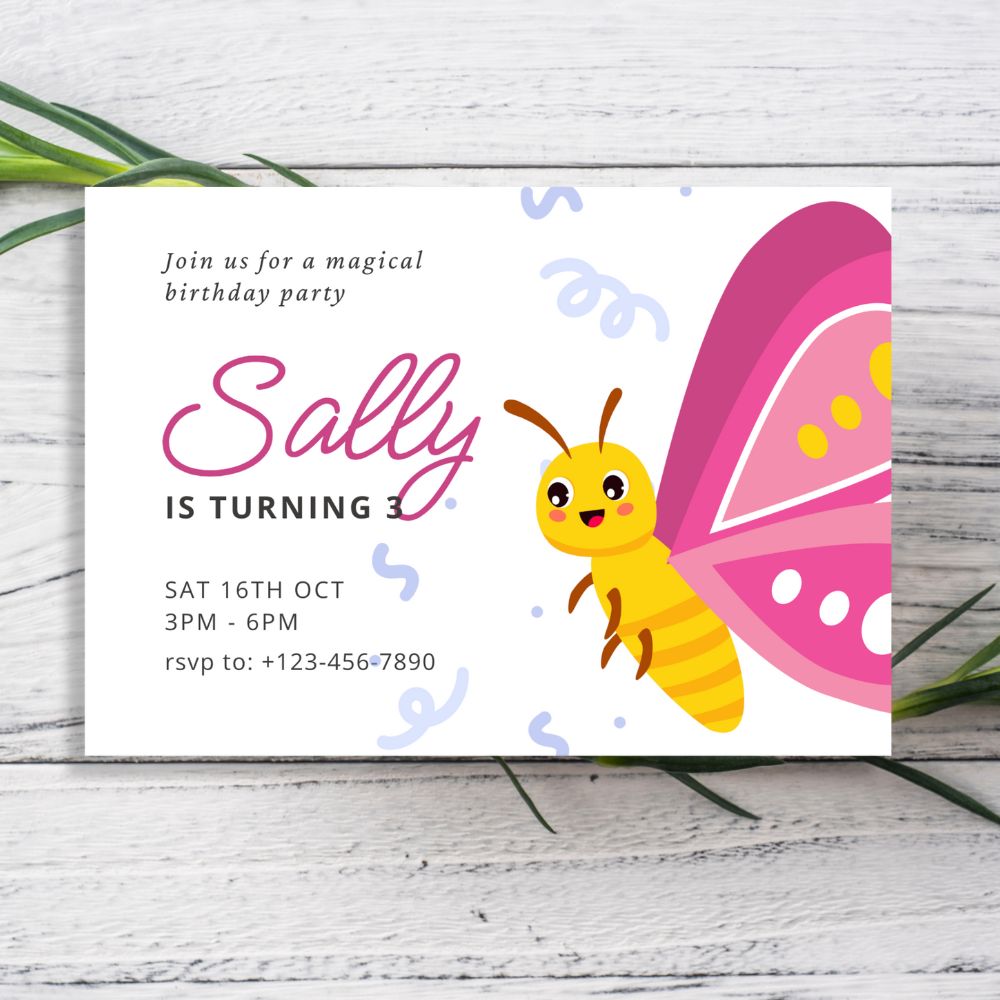 Birthday party invitation with a butterfly character on a wooden surface. BUTTERFLY PERSONALISED BIRTHDAY INVITATIONS