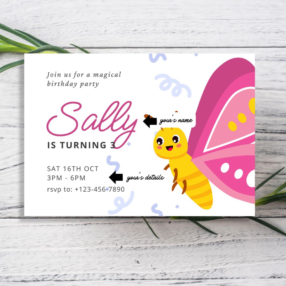 Birthday invitation card with a butterfly design on a wooden surface. BUTTERFLY PERSONALISED BIRTHDAY INVITATIONS