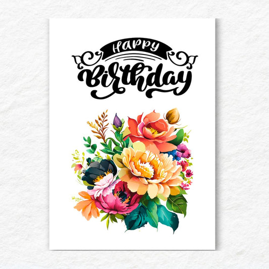 Colorful floral design with 'Happy Birthday' text on a white background. Beautiful Bouquet Birthday Card