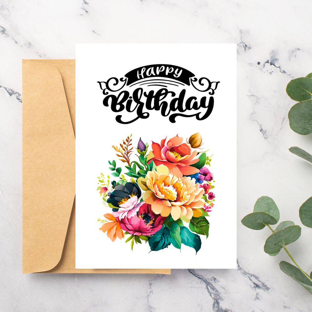 Birthday card with colorful flowers and 'Happy Birthday' text on a marble surface. Beautiful Bouquet Birthday Card