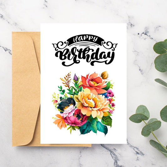 Birthday card with colorful flowers and 'Happy Birthday' text on a marble surface. Beautiful Bouquet Birthday Card