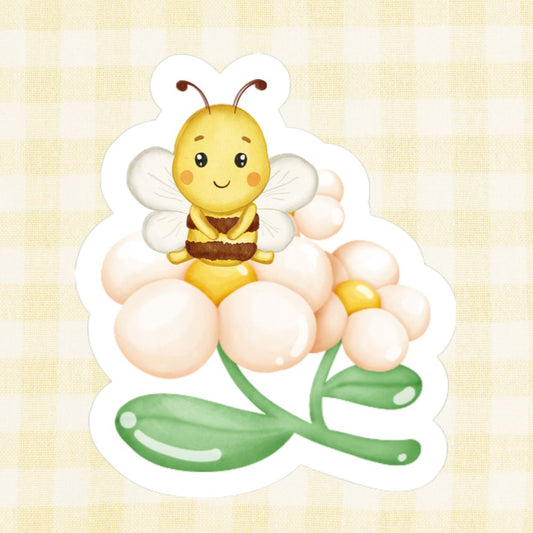 Cartoon bee on a flower with a light yellow background. Bee Relaxing on Flower Sticker