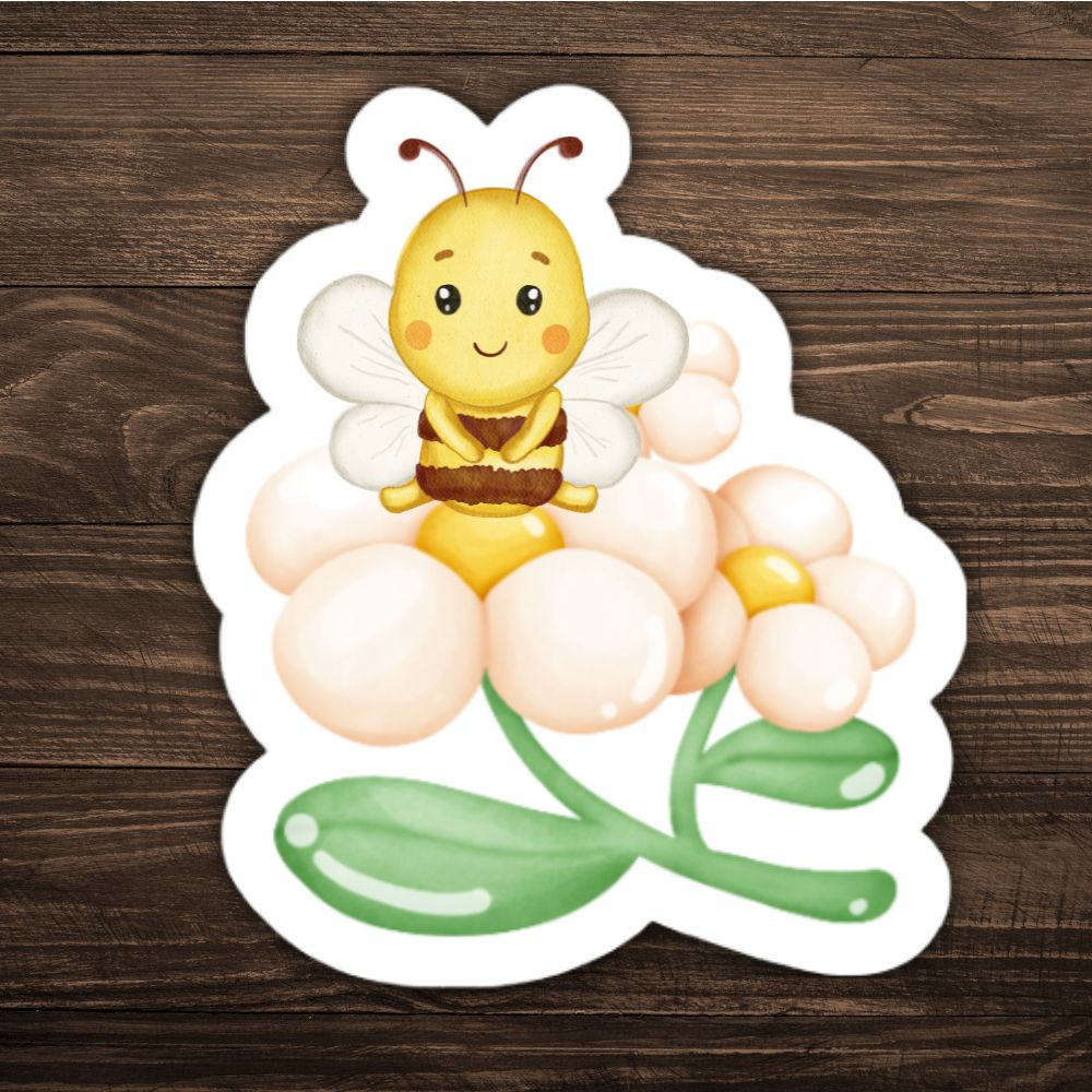 Cartoon bee character on a flower with a wooden background. Bee Relaxing on Flower Sticker