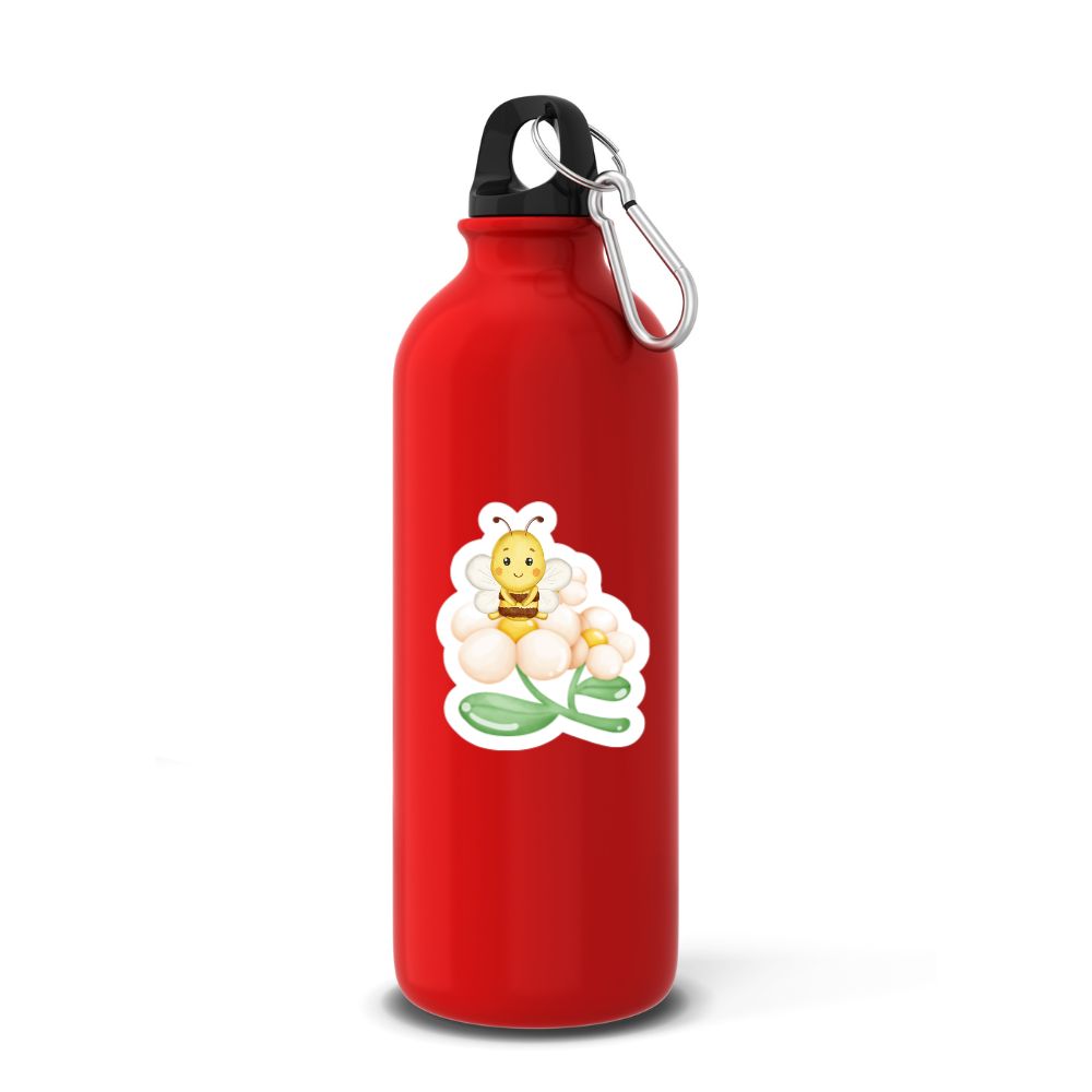 Red water bottle with a bee and flower design on a white background. Bee Relaxing on Flower Sticker