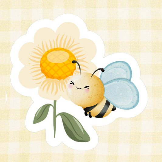 Cartoon bee and flower on a light yellow background. Bee and a Flower Sticker