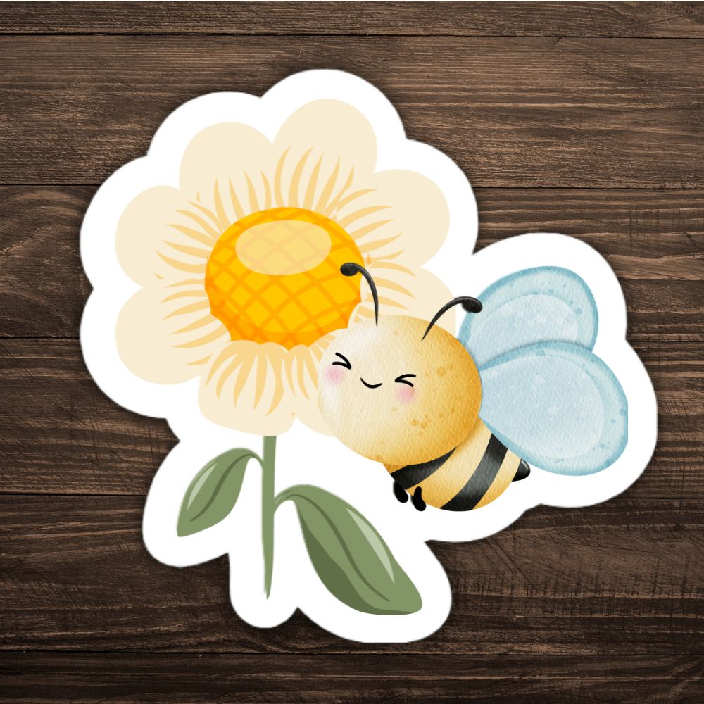 Cartoon bee and flower sticker on a wooden background. Bee and a Flower Sticker