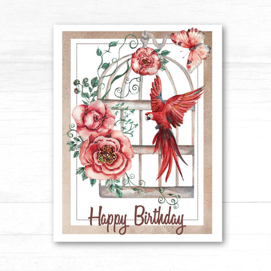 Framed artwork with a red parrot and pink flowers on a white background. Bird Vintage Birthday Card