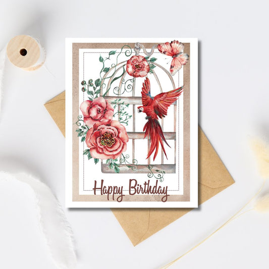 Birthday card with a red parrot and pink flowers on a white background. Bird Vintage Birthday Card