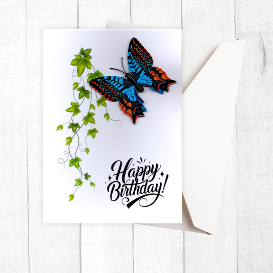 Greeting card with a colorful butterfly and 'Happy Birthday!' text on a white background
