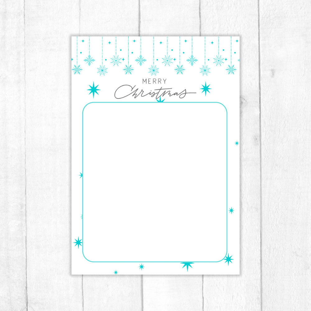 Christmas-themed card with turquoise snowflakes and 'Merry Christmas' text on a white background. Blue Christmas Notepad A6