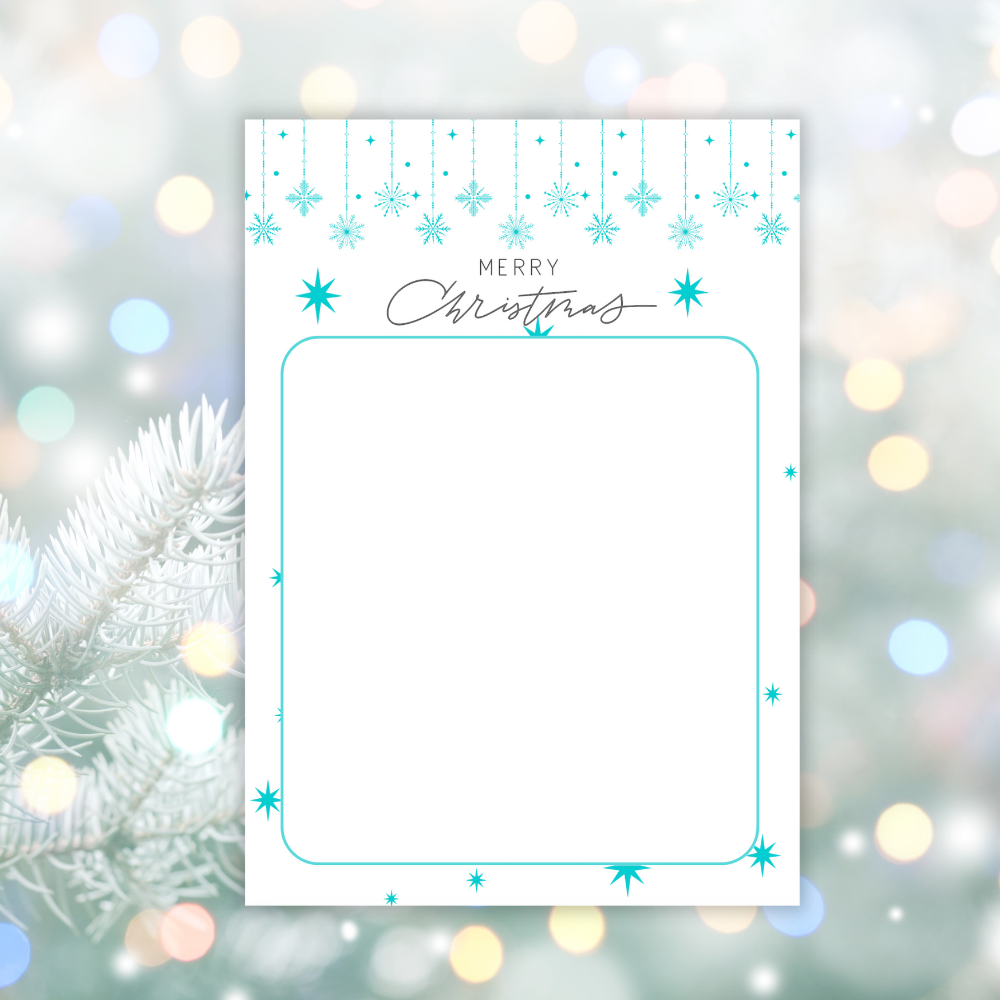 Merry Christmas card with snowflakes on a blurred festive background. Blue Christmas Notepad A6 stationery