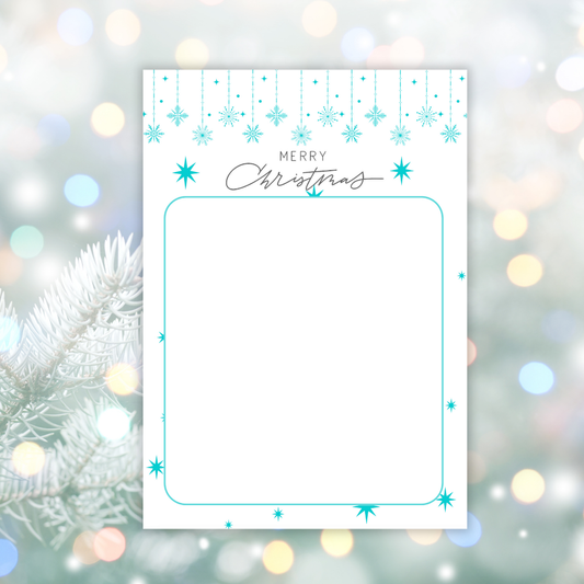 Merry Christmas card with snowflakes on a blurred festive background. Blue Christmas Notepad A6 stationery