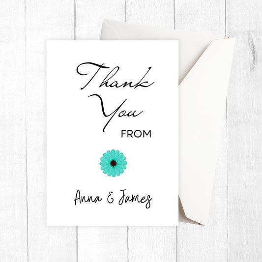Thank you card with a green flower and text on a white background. Blue Daisy Thank You Personalised Card