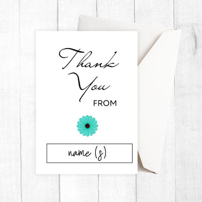 Greeting card with 'Thank You' text and a flower on a white background. Blue Daisy Thank You Personalised Card