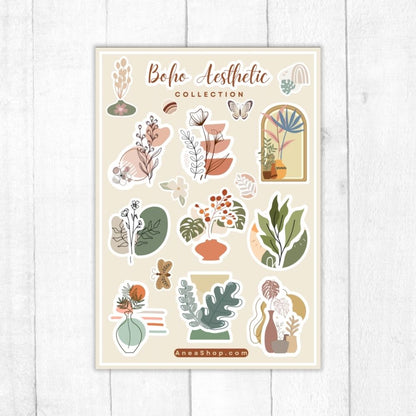 Sheet of Boho Aesthetic stickers with plants and nature-themed designs on a beige background. Boho Aesthetics flower Sticker 
