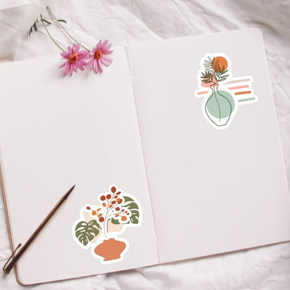 Floral stickers on a white surface with a pen and flowers. Boho Aesthetics plant Sticker 