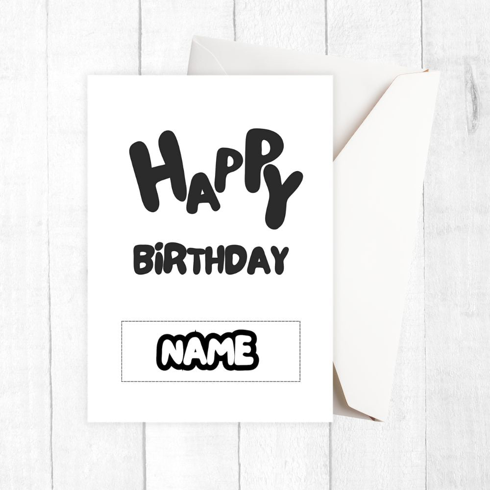 Happy Birthday card with customizable name on a white background. Bold Birthday Personalised Card