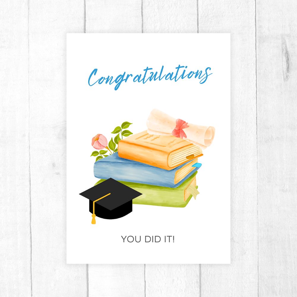 Books-themed congratulations card for graduation with elegant design by ANEA & CO. Books Congratulations Graduation Card