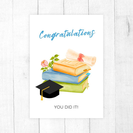 Books-themed congratulations card for graduation with elegant design by ANEA & CO. Books Congratulations Graduation Card