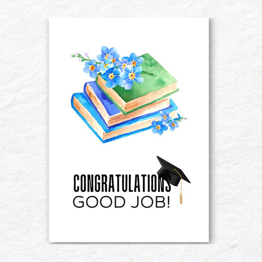 Poster with books, flowers, and graduation cap on a white background. Books & Flowers Congratulations Graduation Card