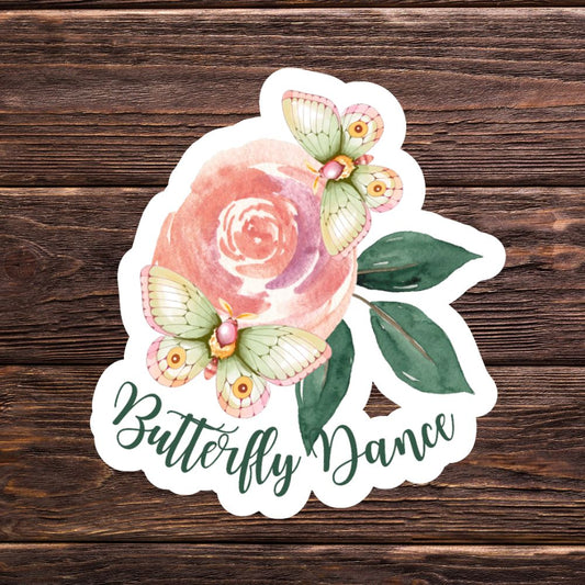Sticker with butterflies and a rose on a wooden background. Butterfly flower Sticker