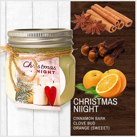Jar candle labeled 'Christmas Night' with cinnamon, cloves, and oranges on a wooden background.CHRISTMAS NIGHT NATURAL SOY CANDLE