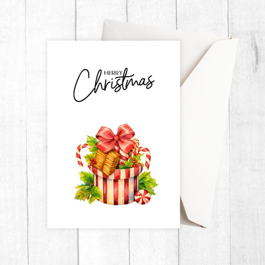 Christmas card with gift boxes and candy on a white background. CHRISTMAS CARD WITH GIFT