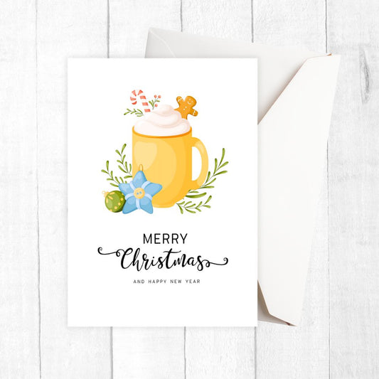 Christmas card with a yellow mug of hot chocolate, candy cane, and flowers on a white background. COCOA CUP CHRISTMAS CARD