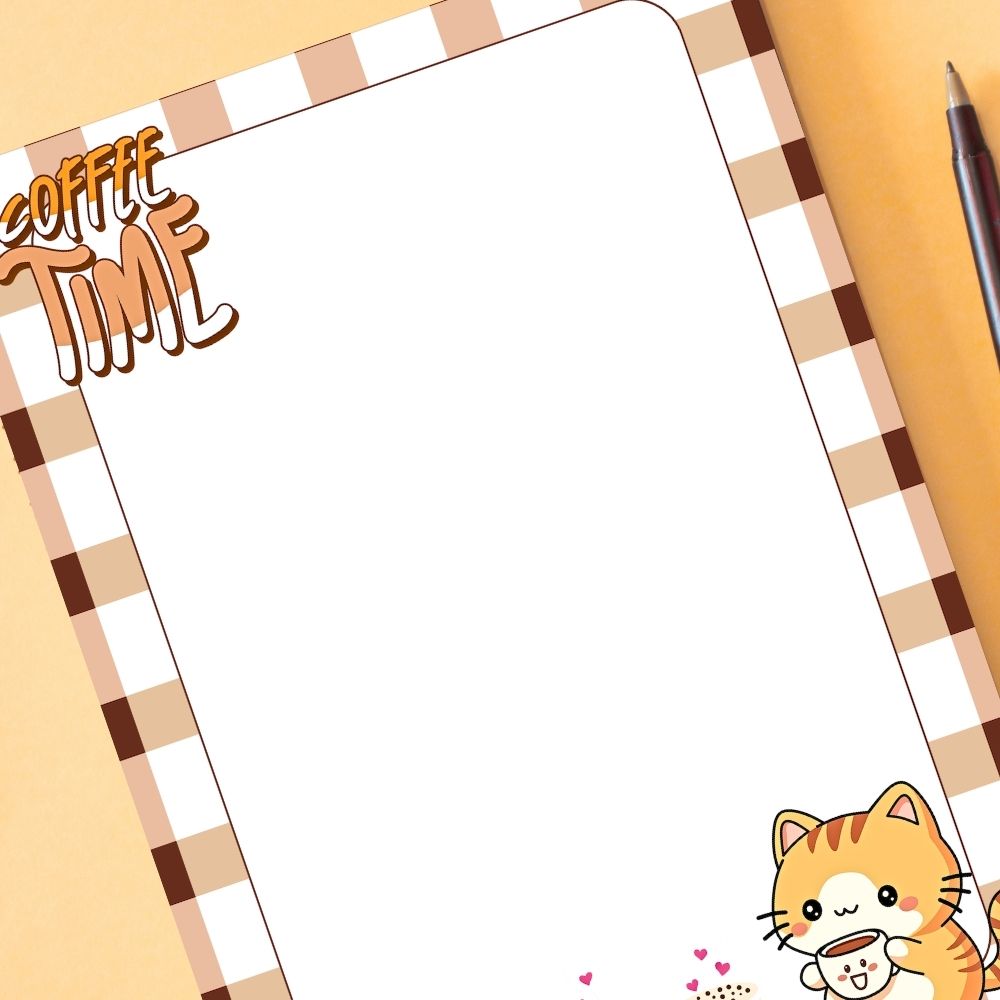Notebook with 'Coffee Time' text and a cute cat illustration on a checkered background. COFFEE TIME KAWAII CAT A6 NOTEPAD