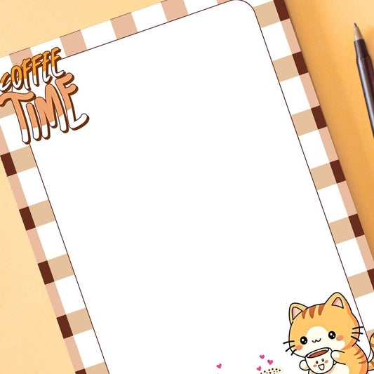 Notebook with 'Coffee Time' text and a cute cat illustration on a checkered background. COFFEE TIME KAWAII CAT A6 NOTEPAD