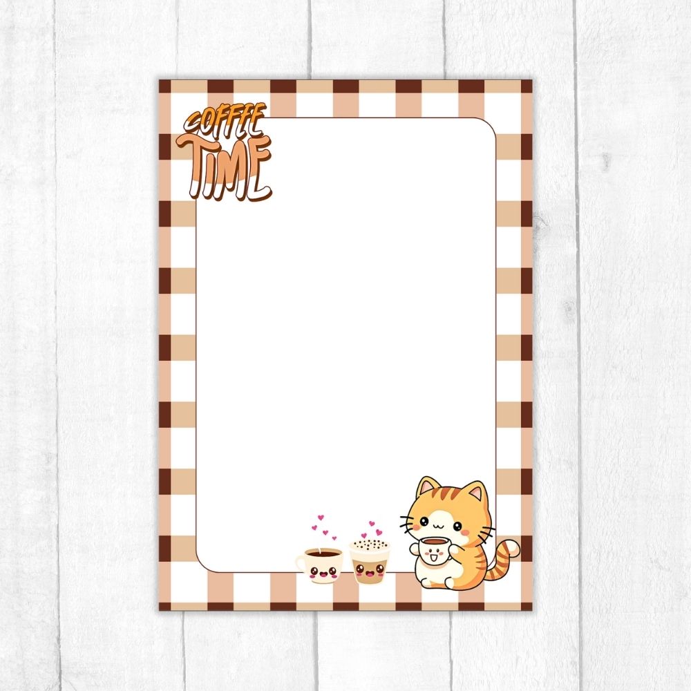 Notepad with a checkered border, 'Coffee Time' text, and a cute cat illustration on a white background.COFFEE TIME KAWAII CAT A6 NOTEPAD