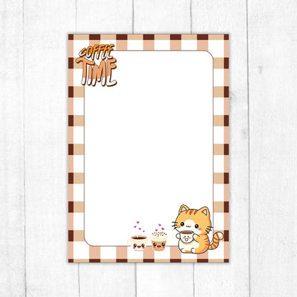 Notepad with a checkered border, 'Coffee Time' text, and a cute cat illustration on a white background.COFFEE TIME KAWAII CAT A6 NOTEPAD