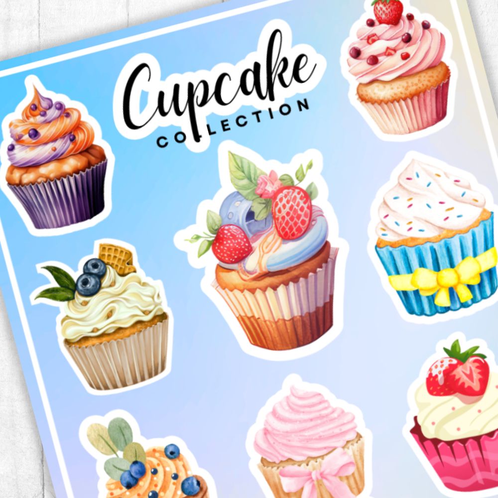 Sheet of cupcake stickers with a 'Cupcake Collection' label on a blue background.CUPCAKE STICKER SHEET