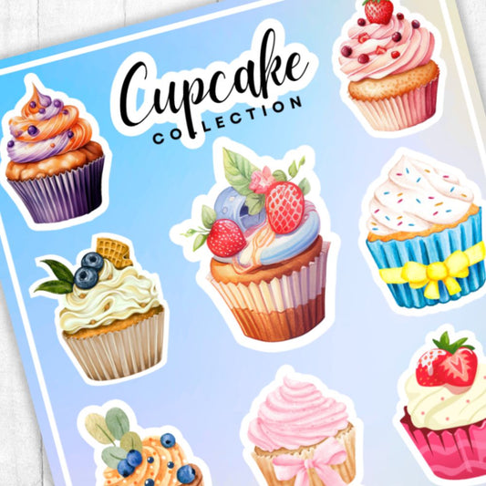 Sheet of cupcake stickers with a 'Cupcake Collection' label on a blue background.CUPCAKE STICKER SHEET