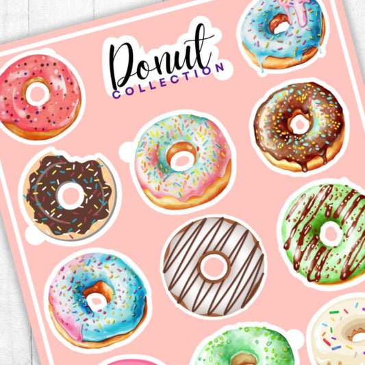 Sheet of donut stickers with various flavors on a pink background, labeled 'Donut Collection'.CUPCAKE STICKERs