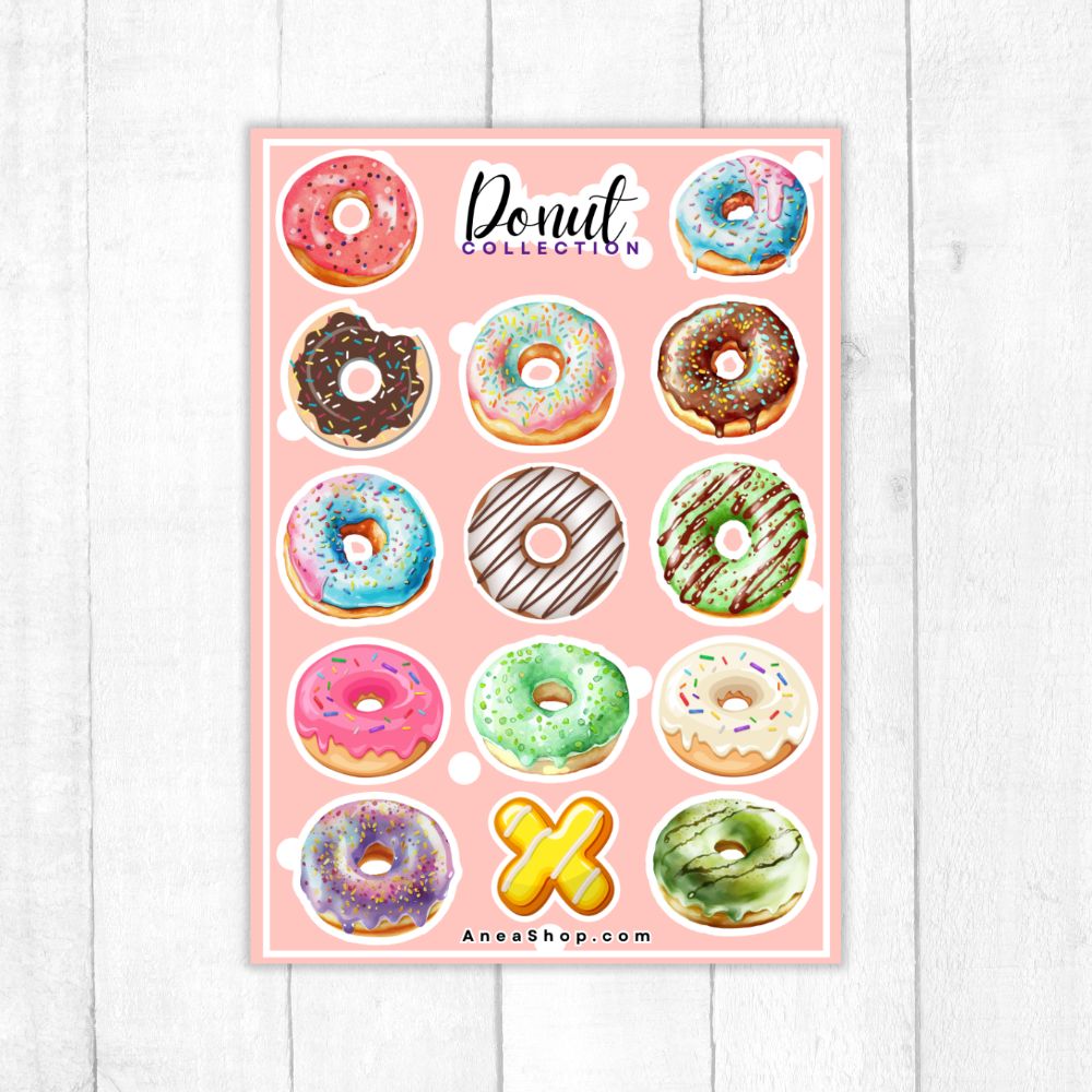 Sticker sheet with colorful donut designs on a pink background. CUPCAKE STICKERs