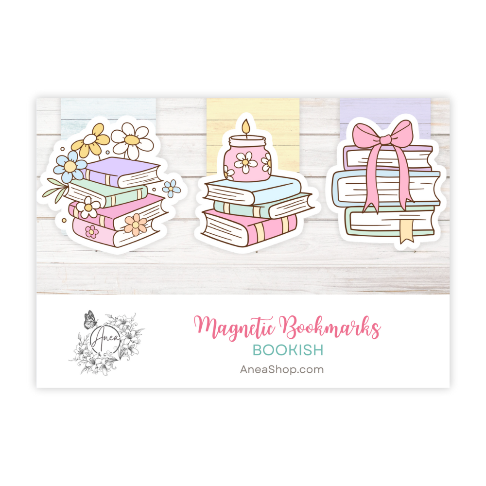 Three colorful magnetic bookmarks on a wooden background with 'Bookish' branding. CUTE BOOKS MAGNETIC BOOKMARK SET