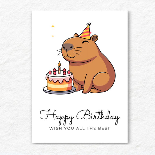 Capybara Cute Birthday Card with charming illustration by ANEA. Capybara Cute Birthday Card