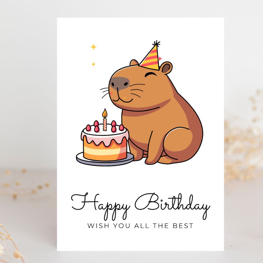 Capybara Cute Birthday Card with charming illustration by ANEA. Capybara Cute Birthday Card